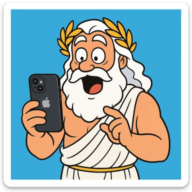 Zeus in a toga, surprised by an iPhone, humorous style sticker