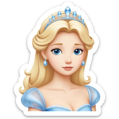 Cinematic Timeless Cinderella Portrait Emoji, rendered in a realistic, simplified vector style. Depict a classic Cinderella with delicate fair skin, beautifully styled blonde hair, and a calm, content expression, dressed in her iconic gown. The design is highlighted by a soft glowing outline and gentle, enchanting luminosity, capturing the essence of pure fairy-tale elegance. sticker
