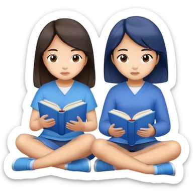 two asian girls sitting reading blue books sticker