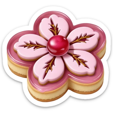 Realistic shortbread cookie in the shape of a cherry blossom with pale pink color jelly middle filling and sprinkled powder sugar on top. sticker