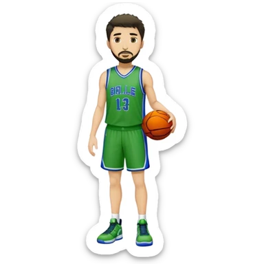 Full Body white male basketball player with short dark shaggy hair and goatee wearing green and blue uniform sticker