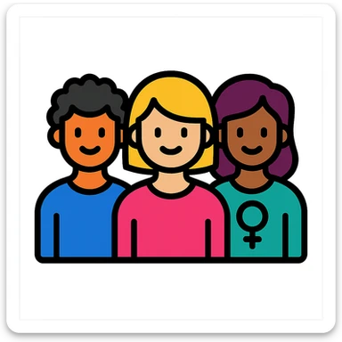 icon of a diverse group, showing gender diversity, simple, colorful, and positive sticker