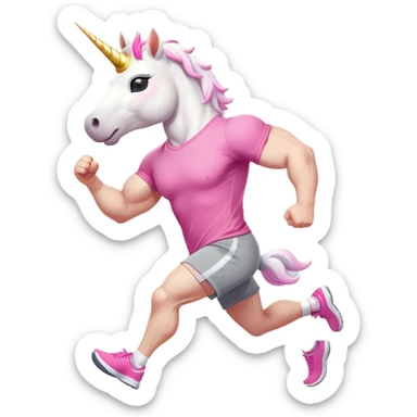 friendly anthropomorphised male white unicorn with a fit, chunky, muscular and strong physique, arms and legs matching the white of the head, in grey shorts and pink t-shirt, wearing dark sunglasses, jogging upright in a standard pose sticker