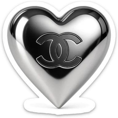 Chanel heart, shiny metallic, black and white, with a subtle Chanel logo sticker