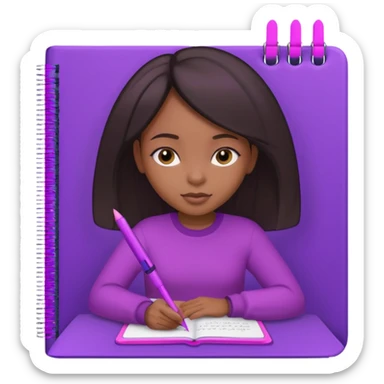 Une fille noir au cheveux lisse qui est entrain d’écrire avec un stylo rose sur un cahier violet sticker