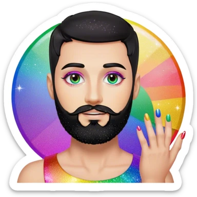White man with black short hair and black short circle beard, very gay very glitter very rainbow add nail polish and makeup and lashes sticker