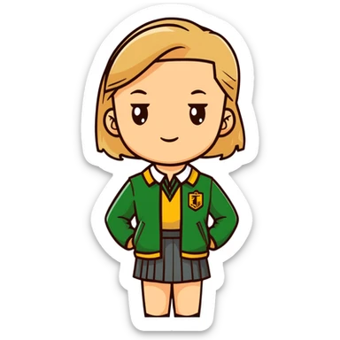 girl in a school uniform wearing a green polo, beige skirt, grey zipper jacket sticker