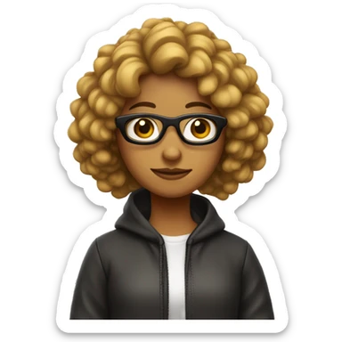 chica con pelo castaño,rulos, gafas y sudadera negra sticker