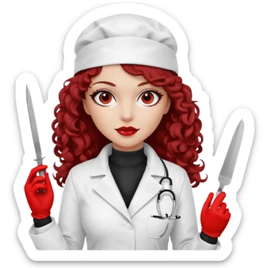 


Scary woman scalpel in hand, evil surgeon sexy surgeon clothes.  She has redcolored  eyes. Her  hair only is free ne brown long curly hair. Wears sexy doctor outfit with red gloves. make her wear full ski mask yo mask and nose mouth mask  to hide. Wears white surgeon coat, wears  stilettos sticker