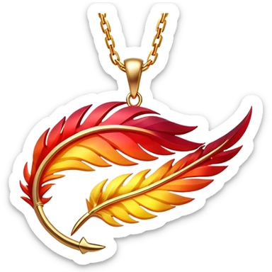glowing ruby pendant shaped like a phoenix feather, red-yellow gradient, chain suspended midair with rebirth aura sticker