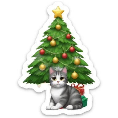 Cat sitting under a Christmas tree with presents under it sticker