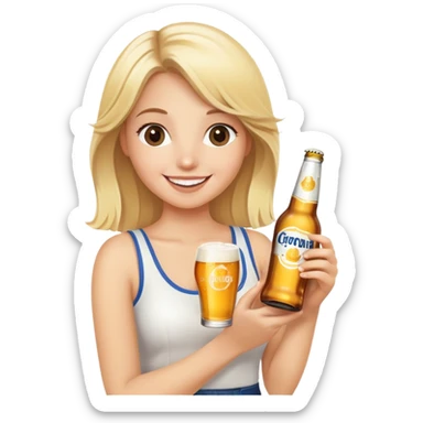 happy blonde girl with corona beer sticker