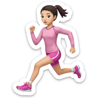 A girl in soft pink sporty tight-fitting clothes, a long-sleeved fitted top and shorts, is running, her hair is dark and straight, pulled back. sticker