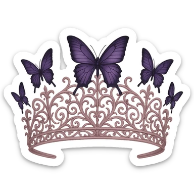 butterfly crown in matte pink, purple butterflies, gothic filigree, mysterious and elegant, transparent background sticker