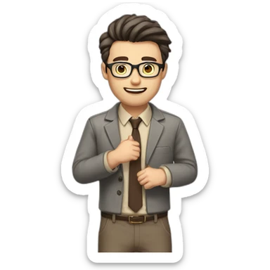 To belt Actively gesturing with hands Pale skinned fit man teacher with dark brown hair in gray jacket, beige office shirt, brown tie, brown pants and vintage glasses. sticker