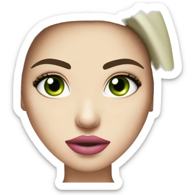 Angry Brunette bombshell supermodel girl with long straight hair, pale skin, pink lips and green eyes. Wearing a cream bustier  sticker