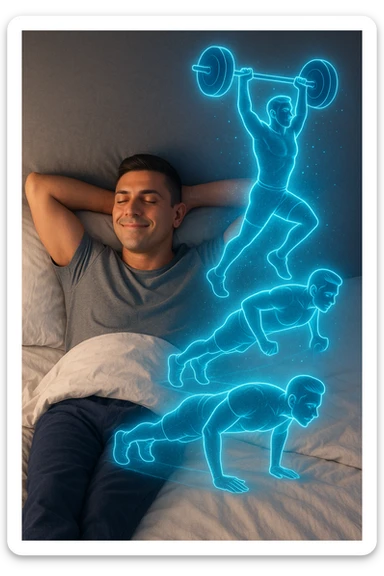 "Un uomo rilassato sdraiato a letto (in pigiama o biancheria intima), con gli occhi chiusi e un sorriso soddisfatto. Dal suo corpo si stacca un doppio olografico luminoso (il suo 'sé visualizzato') che invece sta facendo esercizio fisico con energia: solleva pesi, corre su un tapis roulant invisibile o fa flessioni a mezz'aria. sticker