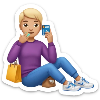 Emoji-style illustration of a person holding a credit card, hand on chin thinking. A thought bubble above the head showing clothes, sneakers, and a shopping cart, representing deciding whether to spend money. Clean, modern emoji style, bright colors, white or transparent background. sticker