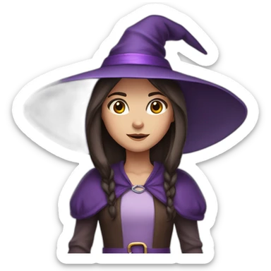a young white brown thin girl with straight dark hair dressed as a purple witch sticker