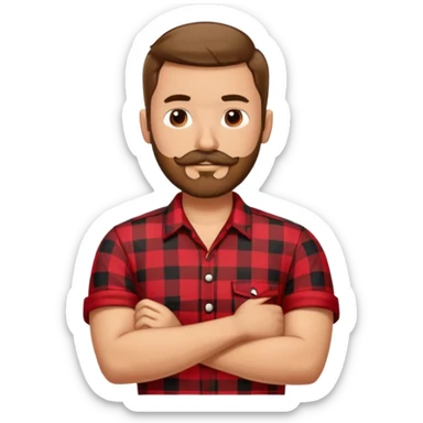 A man with a short brown haircut and a beard with a mustache (anchor) in a red and black checked shirt smugly crossed his arms on his chest and was pleased sticker