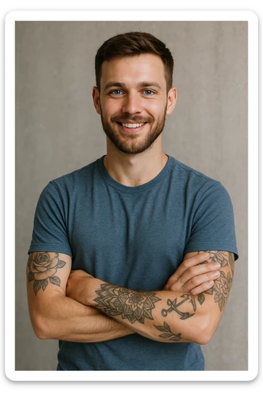 A young man, 25, blue eyes, brown hair, short beard, arms crossed, smiling confidently, with tattoos on his left arm. sticker