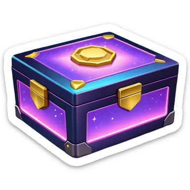 Clash of Clans aesthetic: Cinematic Playful Sci-fi Loot Crate Emoji, rendered in a 3D vector-style similar to standard emojis with minimal shading and bold, simplified shapes. A compact, futuristic storage box with sleek metallic panels and digital accents, softly glowing with a cosmic treasure charm. Simplified yet unmistakably iconic, highly detailed and consistent, glowing with a soft radiant shine and high gloss. Stylized with a touch of intergalactic mystery and a soft glowing outline, capturing the essence of a futuristic reward chest with a friendly, playful allure! sticker