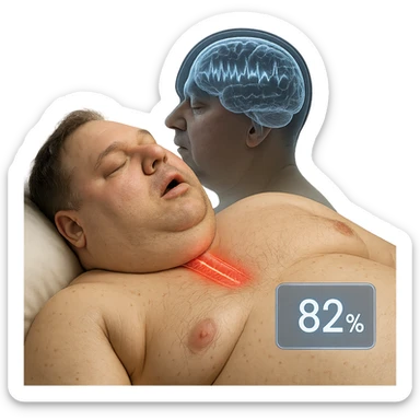 hyper-realistic medical CGI of overweight man sleeping on his back, airway compressed by neck fat, trachea walls glowing red, oxygen saturation 82%, brain scan overlay showing disrupted deep sleep cycles, 4K, clinical sticker