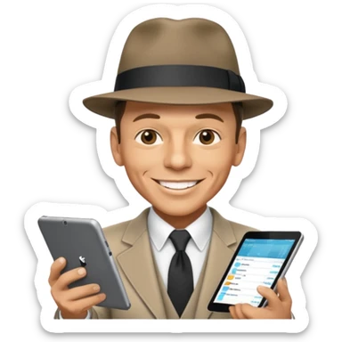 Frank Sinatra with the hat on, smiling and showing data analytics on a screen in the background sticker