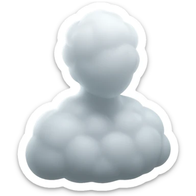 front view of a person composed entirely of white fluffy convex clouds, shoulders visible, matte glass style sticker