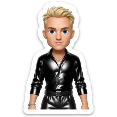 Brian McFadden from Westlife with blue eyes, blonde hair, black metallic shirt, black metallic baggy pants, silver necklace sticker