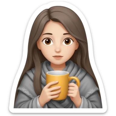 Brown-eyed, fair-skinned girl with long hair down to her shoulders, wrapped in a gray blanket, drinking from a New Year's mug sticker