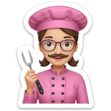 female italian chef, pink uniform, with mustace, wearing glasses, holding knife sticker