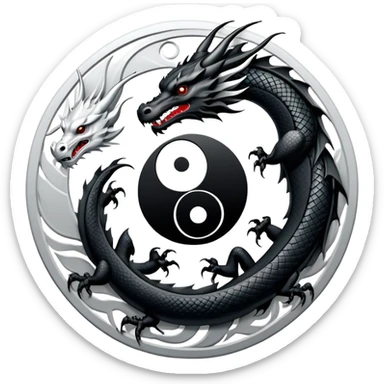 An icon symbolizing Eastern martial arts in the style of an emblem, featuring a black-and-white Yin-Yang symbol and a dragon at the center, surrounded by elements like a dojo. Transparent background highlights balance and power. sticker