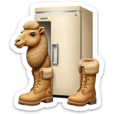 A white kitchen refrigerator with camel head poking out from an open door and furry camel legs wearing classic wheat-colored Timberland boots sticker