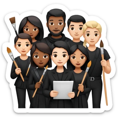 Group of creative people in black outfits, holding paintbrushes, scripts, or tools – theatrical, collaborative vibe sticker