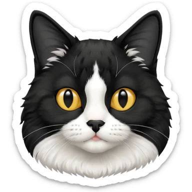 A tuxedo cat, top half body, a black mark near his mouth under the nose sticker