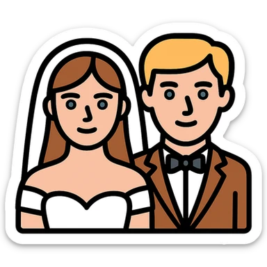 portrait of a bride with light brown hair and grey-blue eyes, and a groom with blonde hair, blue eyes, wearing a brown suit sticker