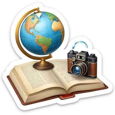 Icon for Documentary and Literary Fiction Reading: an open book with a mix of historical facts and vivid storytelling, featuring a globe, a fountain pen, and a vintage camera. The icon should represent the blend of reality and storytelling in documentary fiction. Transparent background. sticker