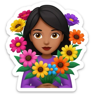 black hair woman with big bouquet of flowers sticker