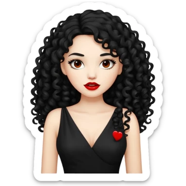 long black curly hair with white skin black dress and lipstick sticker
