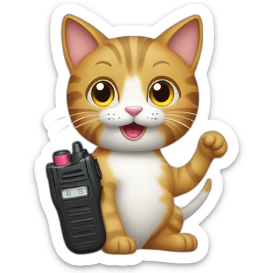 a cat holding a walkie talkie sticker