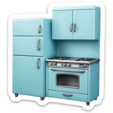 Isolated full length Realistic blue vintage retro kitchen range with cabinets and counters. sticker