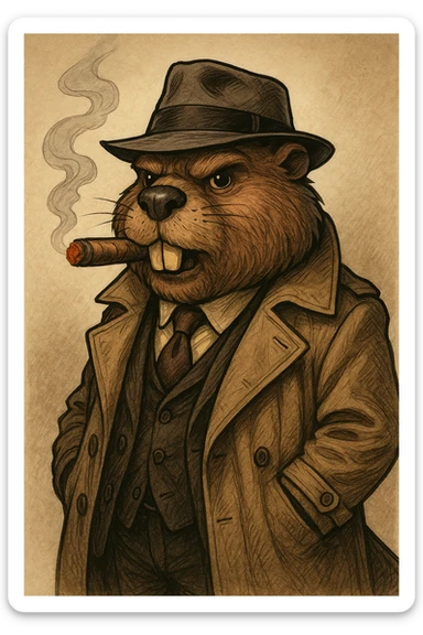 beaver gangster smoking a cigar, wearing a trench coat, tie, and hat, detailed cartoon style sticker