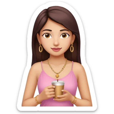 a pretty fair indian bratz girl with a pink cami top, drinking takeaway brown coffee, golden dainty necklace sticker