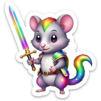 Colorful possum holding a sword with rainbow sparkles sticker