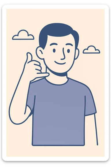 man making phone call gesture, smiling, head slightly tilted sideways, thumb and pinky finger forming phone sign, simple background, modern and clear style sticker