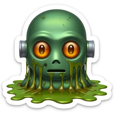 make a tired old melting robot emoji, covered in green sludge, 2d, make the eyes melting sticker