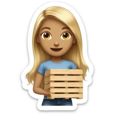 young long hair blonde woman in jeans tshirt and tennis shoes with a wooden pallet sticker