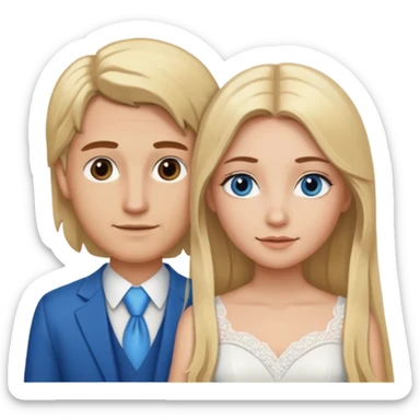a blonde girl with a middle part with long hair and blue eyes and brown eyebrows marrying a man with light brown hair with a middle part and brown eyes  sticker