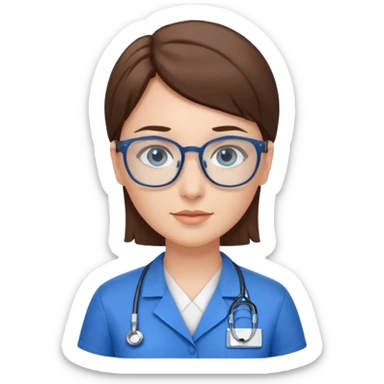 Blue eyes short brown hair with glasses woman in care assistant blue uniform sticker